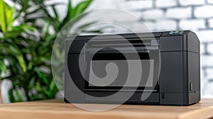 A black inkjet printer on a wooden table.