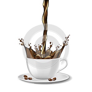 Black instant coffee cup and beans ads design. Hot coffee mug with splash isolated on white. Vector 3d illustration