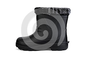 Black insulated boots for hunting, fishing and traveling in winter isolated on white background.