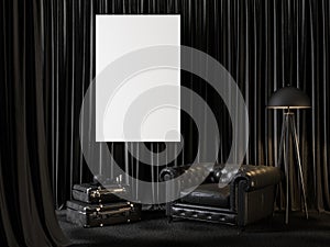 Black interior with curtains, armchair, blank poster and decor.