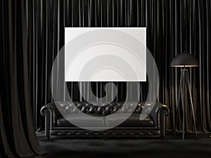 Black interior with curtains, sofa, blank horizontal poster and decor.