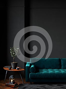 Black interior with green velour sofa, table, fur carpet and decor.