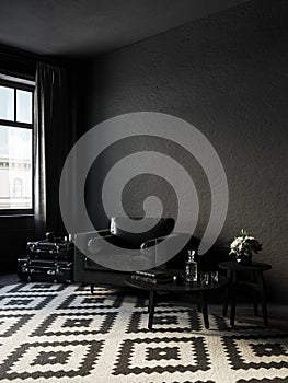 Black interior with leather armchair, coffee table and decor.