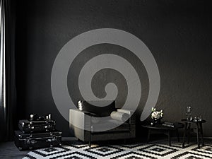 Black interior with leather armchair, coffee table and decor.