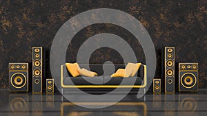 Black interior with modern design black and yellow speaker system and sofa