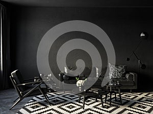 Black interior with sofa, armchair, coffee table, carpet and decor.