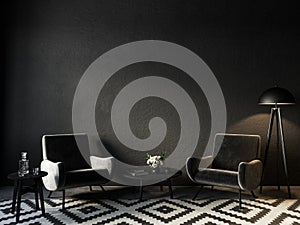 Black interior with velour armchairs, carpet and decor.