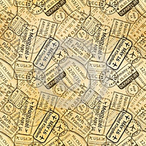Black International travel visa rubber stamps imprints on old paper, seamless pattern