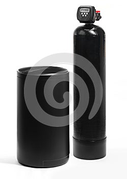 A black, ion exchange water softener with brine tank.