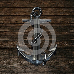 Black iron anchor on hardwood background. 3d render