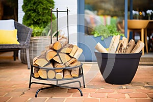 black iron fire pit with stack of logs ready for burning