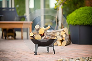 black iron fire pit with stack of logs ready for burning