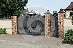 A black iron gate with a forged pattern