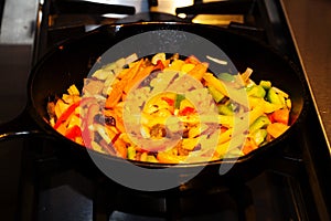 Black Iron Skillet Pan Cooking Fajita Vegetables