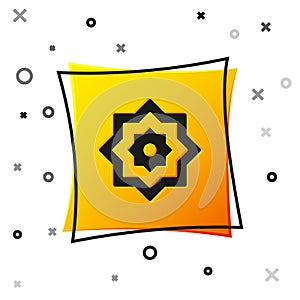 Black Islamic octagonal star ornament icon isolated on white background. Yellow square button. Vector