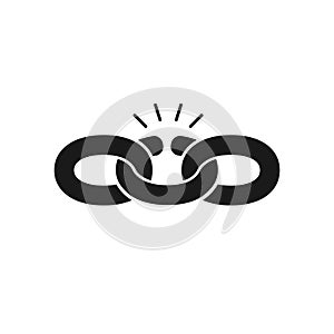 Black isolated icon of broken chain on white background. Silhouette of chain. Weak link. Flat design.
