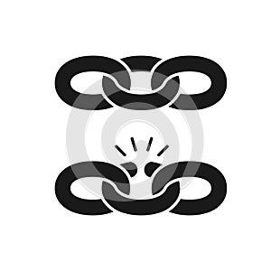 Black isolated icon of chain and broken chain on white background. Set of Silhouette of chain. Weak link. Flat design.