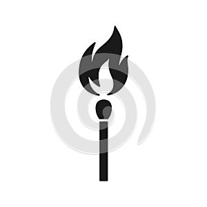 Black isolated icon of matchstick with fire on white background. Silhouette of match stick with flame. Flat design