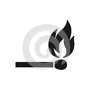 Black isolated icon of matchstick with fire on white background. Silhouette of match stick with flame. Flat design