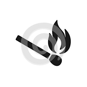 Black isolated icon of matchstick with fire on white background. Silhouette of match stick with flame. Flat design