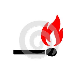 Black isolated icon of matchstick with red fire on white background. Silhouette of match stick with red flame. Flat design