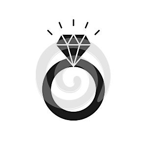 Black isolated icon of ring with diamond on white background. Silhouette of wedding ring. Flat design.