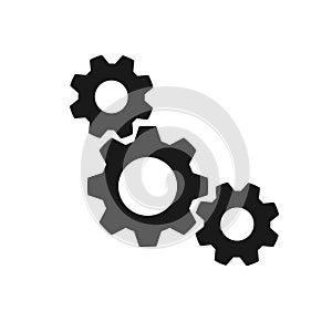 Black isolated icon of three cogwheels on white background. Silhouette of gear wheel. Flat design. Settings