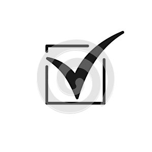 Black isolated icon of tick on white background. Icon of check box. Black silhouette. Yes, accept, approved. Flat design