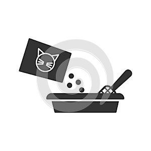 Black isolated icon of toilet for cat on white background. Icon of filler for cat.