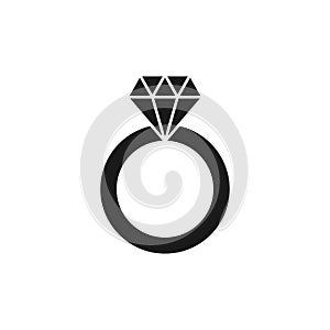 Black isolated icon of wedding ring with diamond on white background. Silhouette of wedding ring. Flat design.