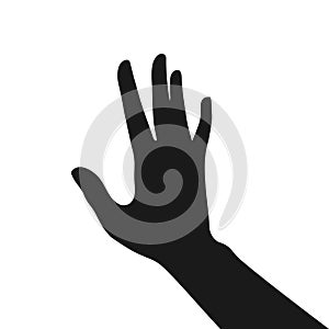 Black isolated open hand on white background. Silhouette of hand. Flat design. Sign stop