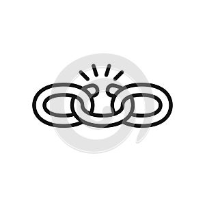 Black isolated outline icon of broken chain on white background. Line Icon of chain. Weak link.