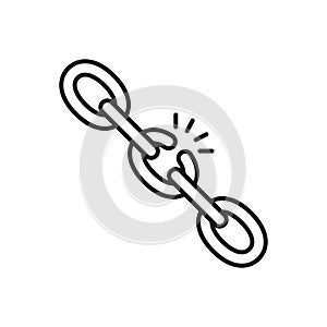 Black isolated outline icon of broken chain on white background. Line Icon of chain. Weak link.