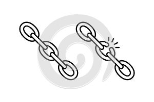 Black isolated outline icon of chain and broken chain on white background. Set of Line Icon of chain. Weak link.