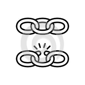 Black isolated outline icon of chain and broken chain on white background. Set of Line Icon of chain. Weak link.