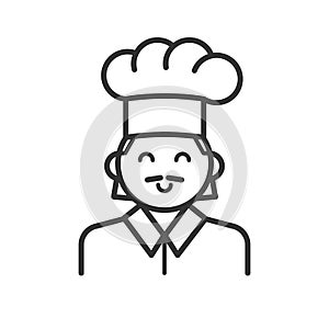 Black isolated outline icon of cook on white background. Line Icon of portrait of chef.