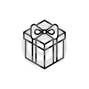 Black isolated outline icon of gift box on white background. Isometric line Icon of gift box