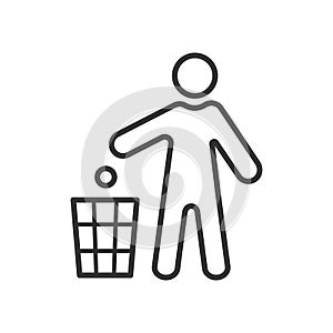 Black isolated outline icon of man throw garbage to dustbin on white background. Line Icon of man throw trash to bin.