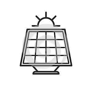 Black isolated outline icon of solar panel with sun on white background. Line Icon of solar battery.