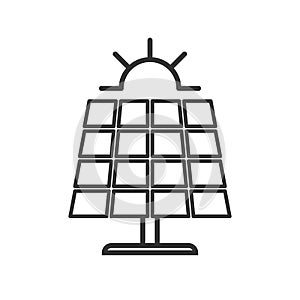 Black isolated outline icon of solar panel with sun on white background. Line Icon of solar battery.