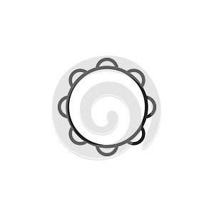 Black isolated outline icon of tambourine on white background. Line Icon of percussion musical instrument.