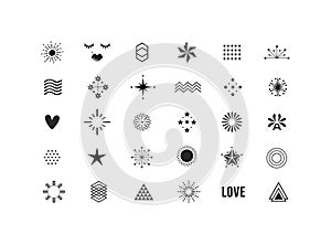 Black isolated random graphic emblems and shapes decoration sign and symbol icons set design elements on white