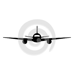 Black isolated silhouette of airplane on white background. Front view of aeroplane.