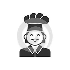 Black isolated silhouette of cook on white background. Line Icon of portrait of chef.