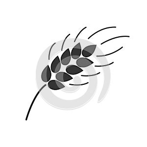 Black isolated silhouette of ear of wheat on white background. Icon of ear of wheat.
