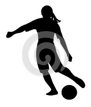 Black isolated silhouette of girl football player dribbling the ball on the field and going to kick a ball