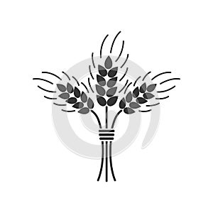 Black isolated silhouette icon of sheaf of wheat on white background. Icon of sheaf of wheat.