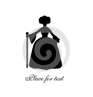 Black isolated silhouette of noble woman. Vintage woman contour. Rich woman in historical dress