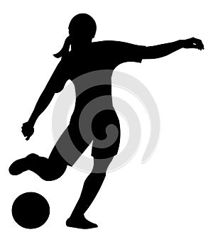 Black isolated vector silhouette of a women's football player in t-shirt going to kick the ball with her foot