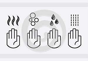 Black isolated washing hands with water drops, soap, and blow dryer air sign icons set